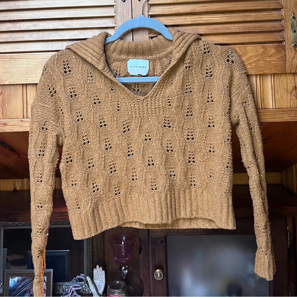 Pink Rose Cropped Sweater w/ Collar Soft Brown Small